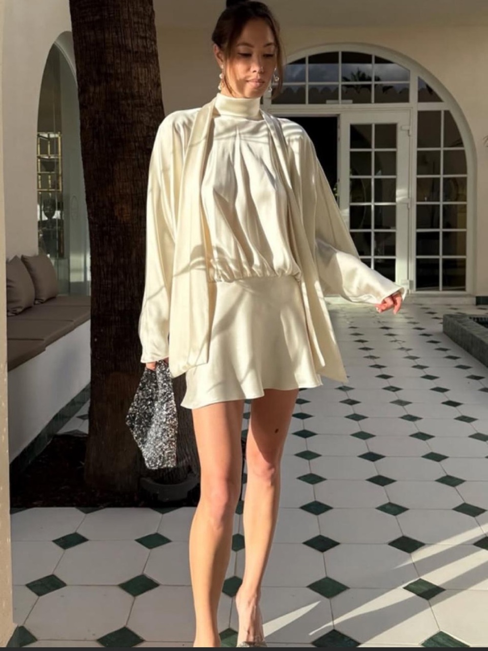 Zara Cream Satin High-Neck Mini Dress - Picture 4 of 11